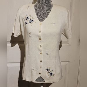 Emily Rose Ivory Embroidered Pansy Flowers Women's Small 8 Button Sweater